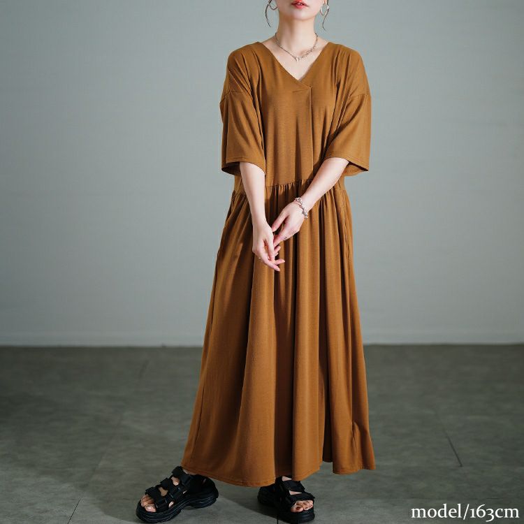 大きいサイズ レディース 胸タックギャザー切り替えワイドワンピース　maru-30177