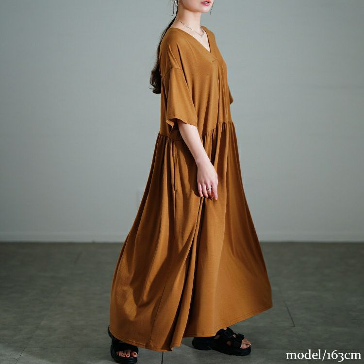 大きいサイズ レディース 胸タックギャザー切り替えワイドワンピース　maru-30177