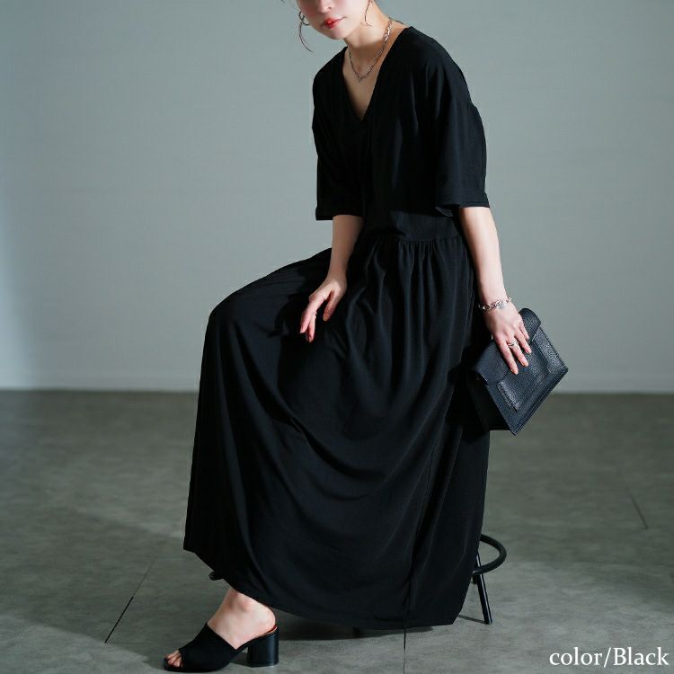 大きいサイズ レディース 胸タックギャザー切り替えワイドワンピース　maru-30177