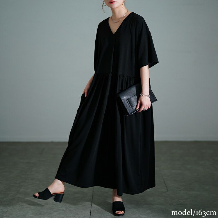 大きいサイズ レディース 胸タックギャザー切り替えワイドワンピース　maru-30177