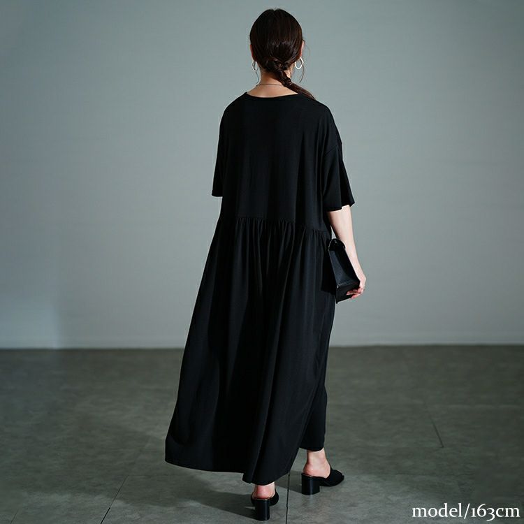 大きいサイズ レディース 胸タックギャザー切り替えワイドワンピース　maru-30177