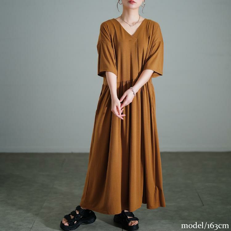 大きいサイズ レディース 胸タックギャザー切り替えワイドワンピース　maru-30177 キャメル