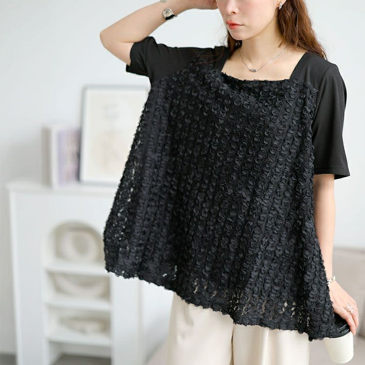 大きいサイズ レディース レースチュール切り替えフレアチュニック　maru-30176