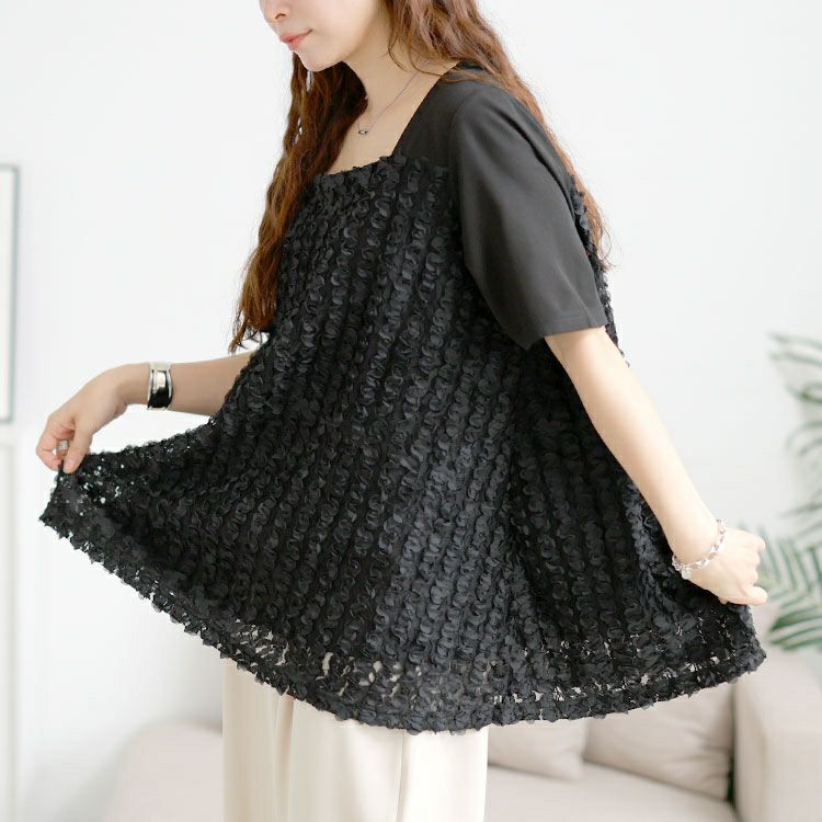 大きいサイズ レディース レースチュール切り替えフレアチュニック　maru-30176