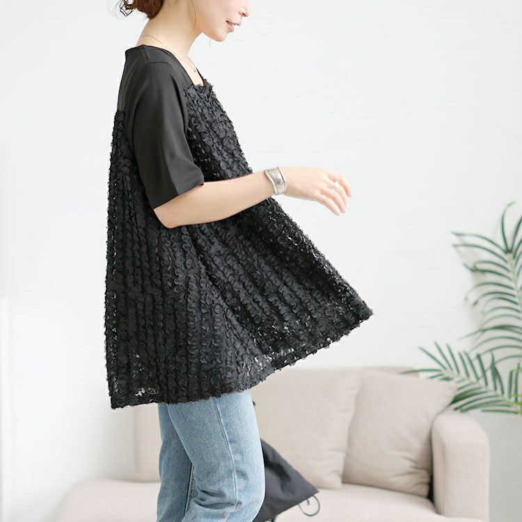 大きいサイズ レディース レースチュール切り替えフレアチュニック　maru-30176