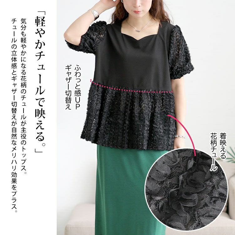 大きいサイズ レディース レースチュール切り替えぺプラムプルオーバー　maru-30175 【メール便可】