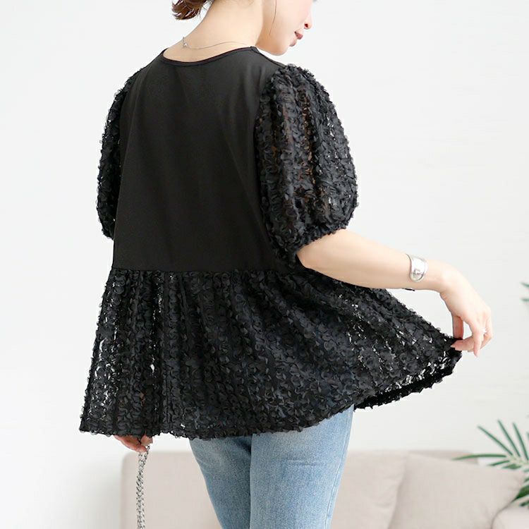 大きいサイズ レディース レースチュール切り替えぺプラムプルオーバー　maru-30175 【メール便可】