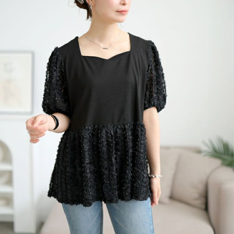 大きいサイズ レディース レースチュール切り替えぺプラムプルオーバー　maru-30175 【メール便可】