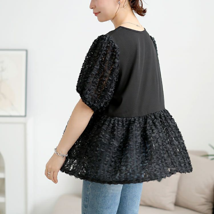 大きいサイズ レディース レースチュール切り替えぺプラムプルオーバー　maru-30175 【メール便可】