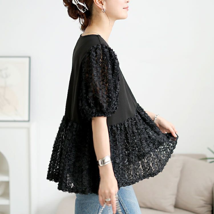 大きいサイズ レディース レースチュール切り替えぺプラムプルオーバー　maru-30175 【メール便可】