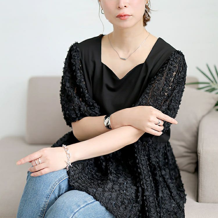 大きいサイズ レディース レースチュール切り替えぺプラムプルオーバー　maru-30175 【メール便可】