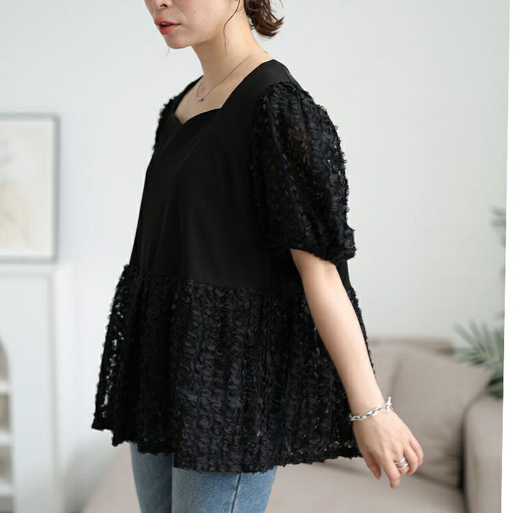 大きいサイズ レディース レースチュール切り替えぺプラムプルオーバー　maru-30175 【メール便可】