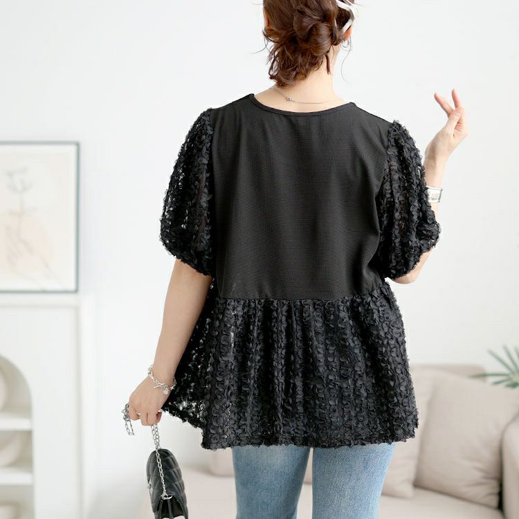 大きいサイズ レディース レースチュール切り替えぺプラムプルオーバー　maru-30175 【メール便可】