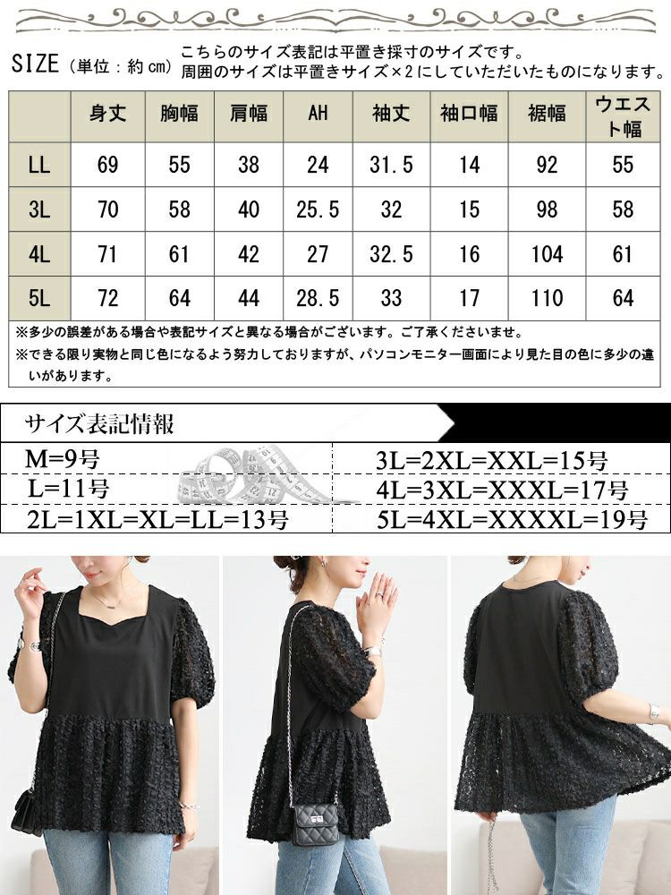 大きいサイズ レディース レースチュール切り替えぺプラムプルオーバー　maru-30175 【メール便可】