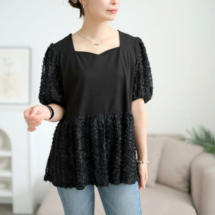 大きいサイズ レディース レースチュール切り替えぺプラムプルオーバー　maru-30175 【メール便可】 ブラック