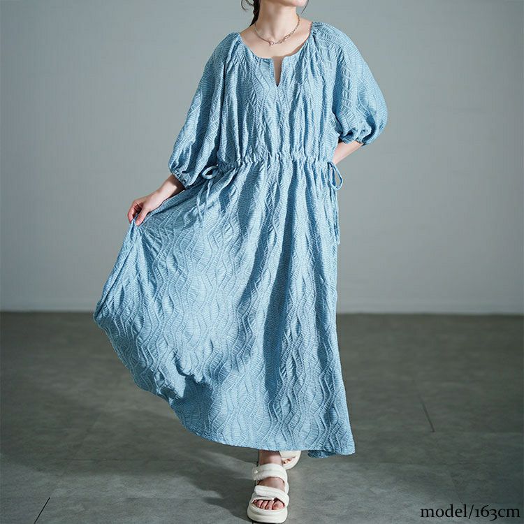 大きいサイズ レディース ウェーブ柄ジャガードドロストワンピース　maru-30160