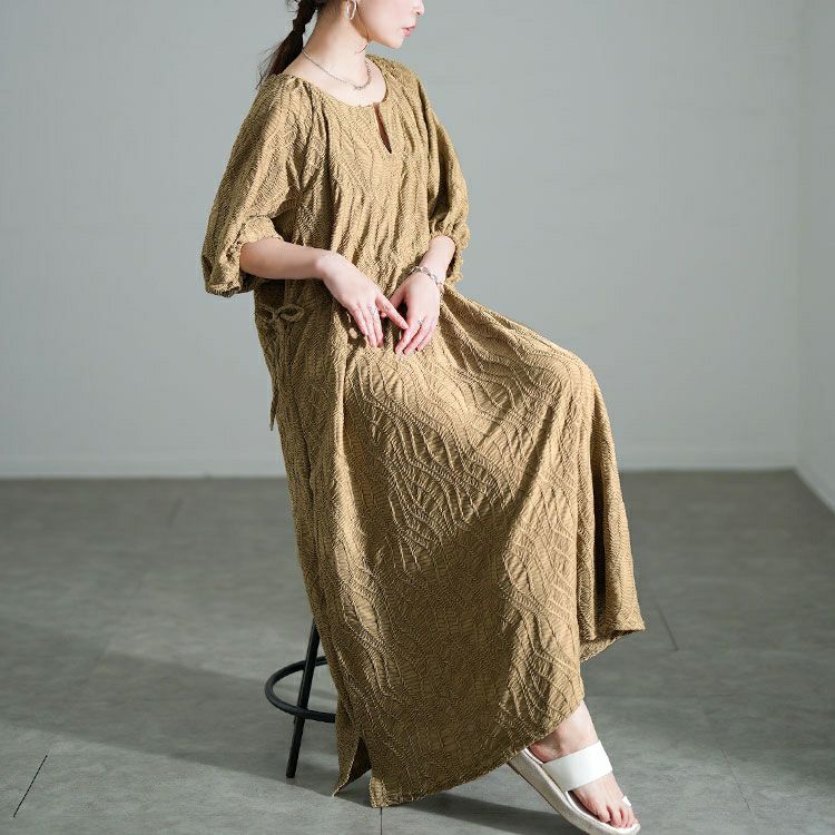 大きいサイズ レディース ウェーブ柄ジャガードドロストワンピース　maru-30160