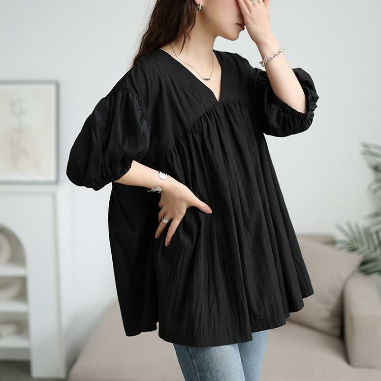 大きいサイズ レディース 接触冷感ギャザー切り替えチュニック　maru-30173 【メール便可】 ブラック