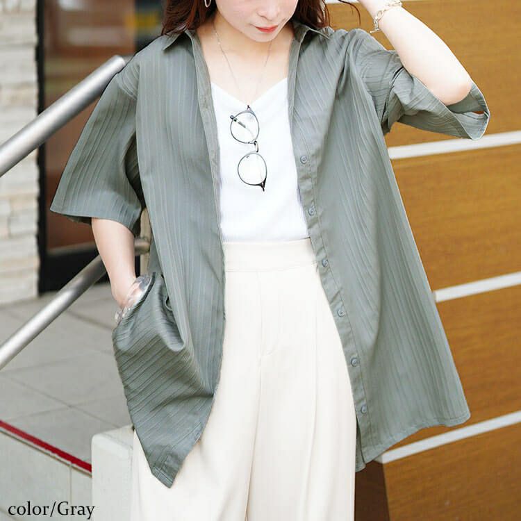 大きいサイズ レディース 楊柳ストライプフレアシャツチュニック　maru-30158 【メール便可】