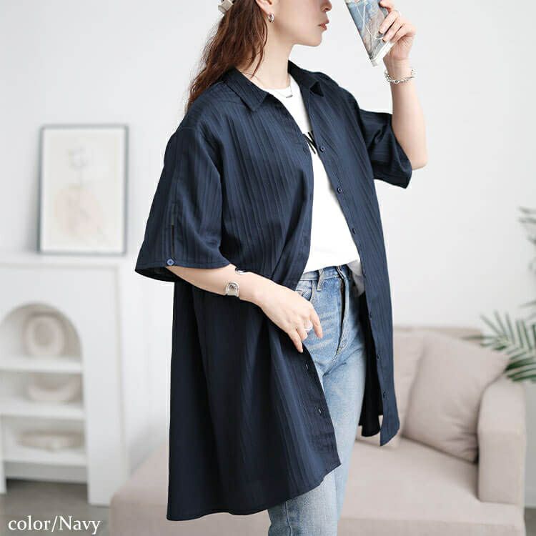 大きいサイズ レディース 楊柳ストライプフレアシャツチュニック　maru-30158 【メール便可】