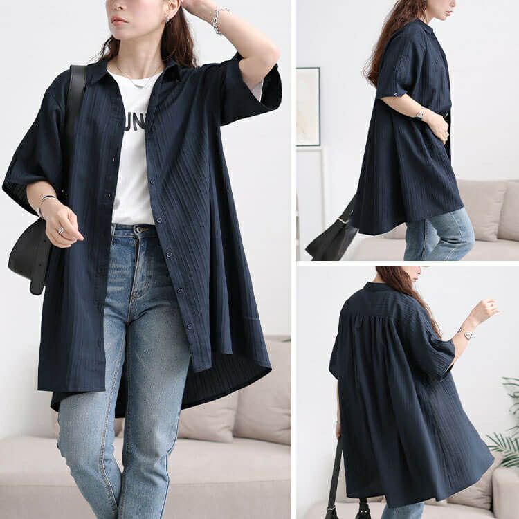 大きいサイズ レディース 楊柳ストライプフレアシャツチュニック　maru-30158 【メール便可】