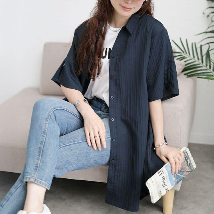 大きいサイズ レディース 楊柳ストライプフレアシャツチュニック　maru-30158 【メール便可】