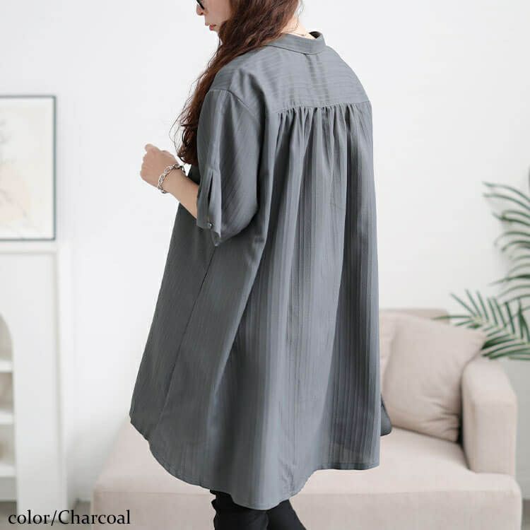 大きいサイズ レディース 楊柳ストライプフレアシャツチュニック　maru-30158 【メール便可】