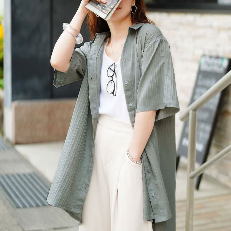 大きいサイズ レディース 楊柳ストライプフレアシャツチュニック　maru-30158 【メール便可】 グレー