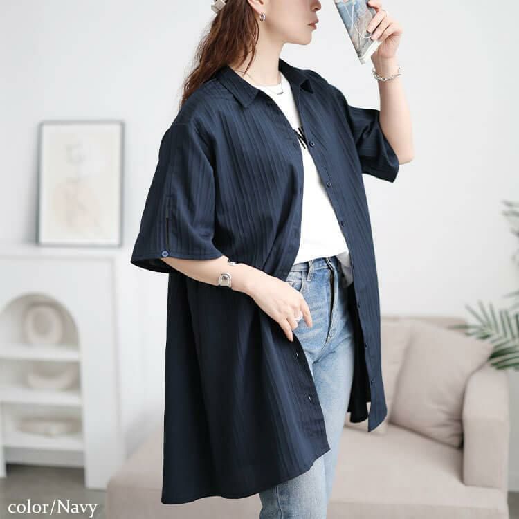 大きいサイズ レディース 楊柳ストライプフレアシャツチュニック　maru-30158 【メール便可】 ネイビー