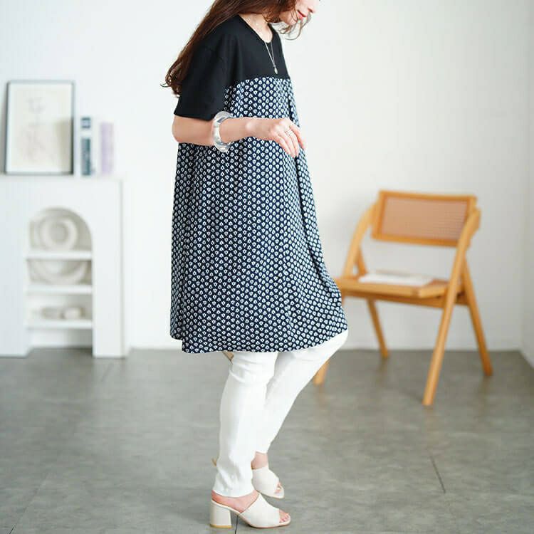 大きいサイズ レディース 小花柄切り替えチュニックワンピース　cpdai-640846 【メール便可】