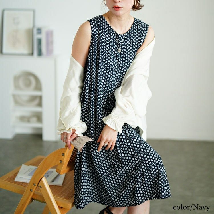 大きいサイズ レディース 接触冷感花柄タックノースリーブワンピース　cpdai-640830 【メール便可】