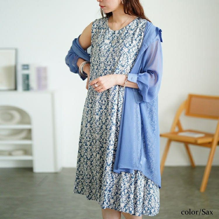 大きいサイズ レディース 接触冷感花柄タックノースリーブワンピース　cpdai-640830 【メール便可】