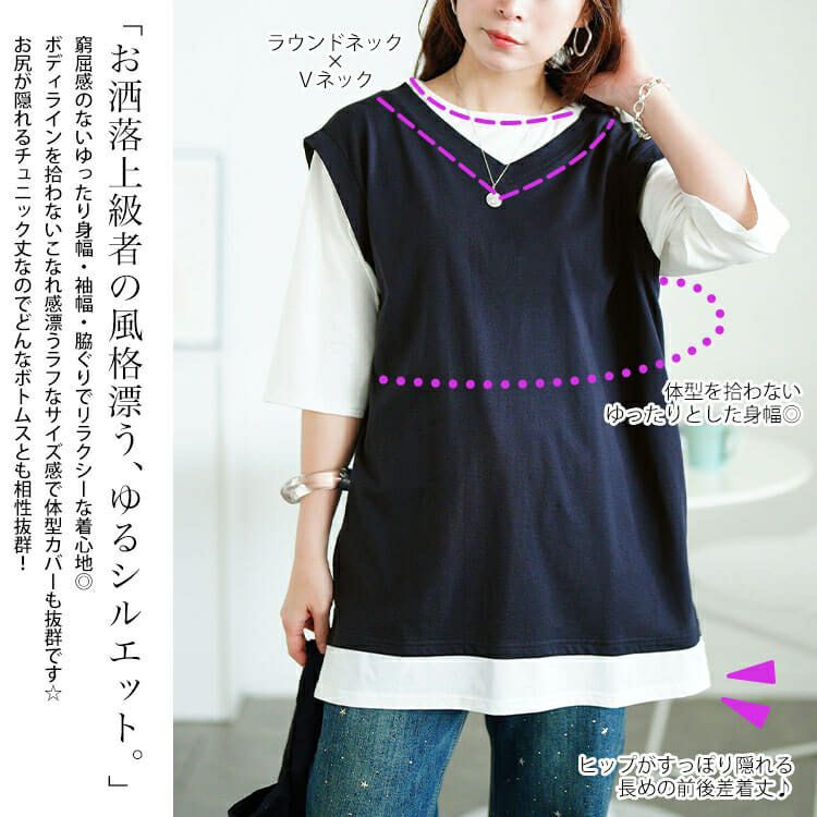 大きいサイズ レディース 接触冷感フェイクベストコットンチュニック　cpdai-659690 【メール便可】