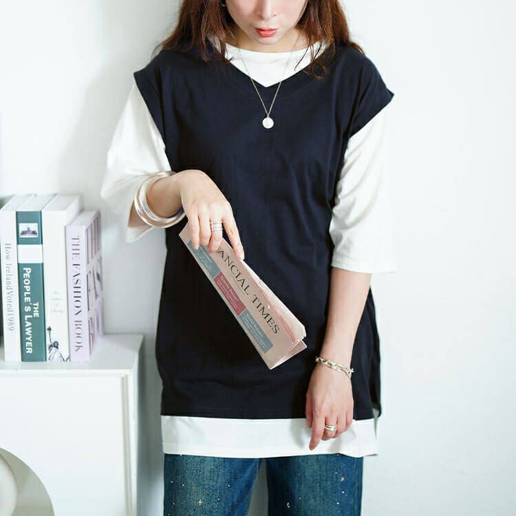 大きいサイズ レディース 接触冷感フェイクベストコットンチュニック　cpdai-659690 【メール便可】