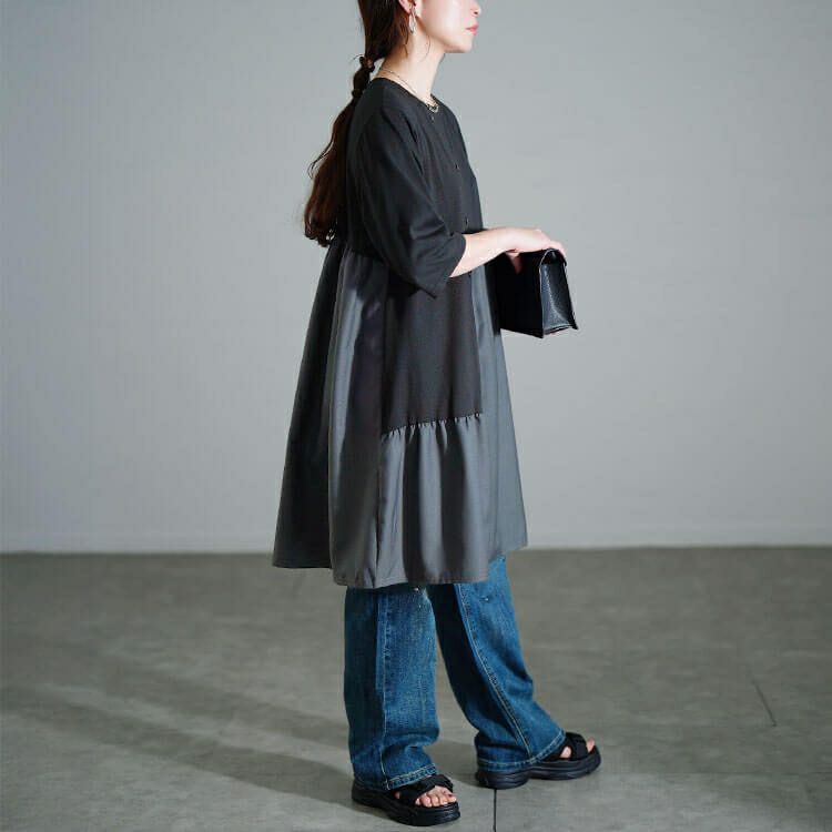 大きいサイズ レディース アシンメトリー異素材切り替えチュニック　cast-5554049 【メール便可】
