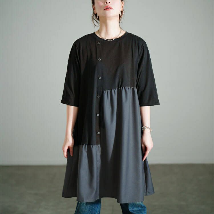 大きいサイズ レディース アシンメトリー異素材切り替えチュニック