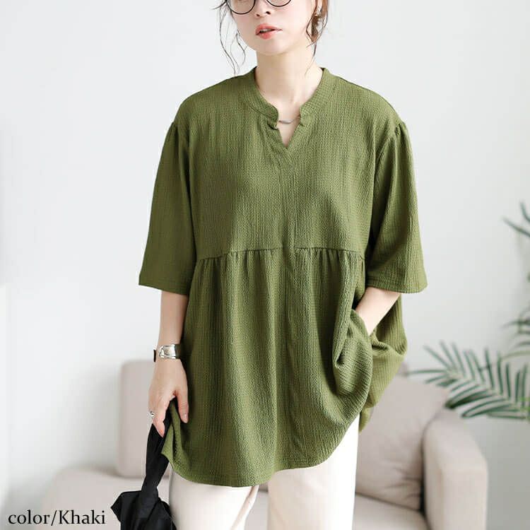 大きいサイズ レディース 楊柳スキッパーぺプラムチュニック　cast-5554051 【メール便可】