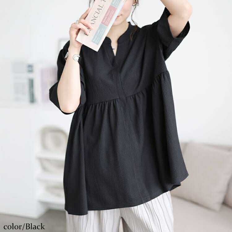 大きいサイズ レディース 楊柳スキッパーぺプラムチュニック　cast-5554051 【メール便可】