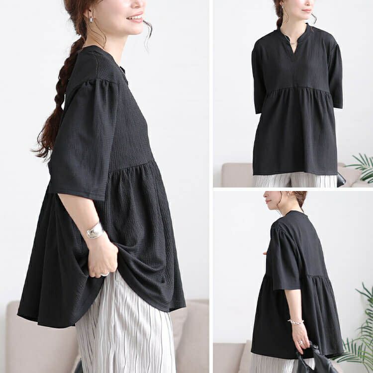 大きいサイズ レディース 楊柳スキッパーぺプラムチュニック　cast-5554051 【メール便可】