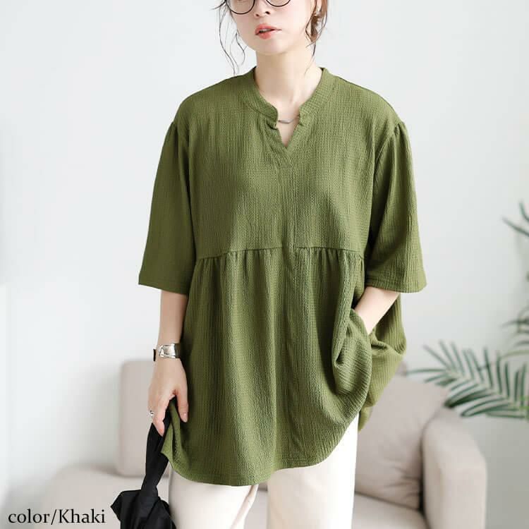 大きいサイズ レディース 楊柳スキッパーぺプラムチュニック　cast-5554051 【メール便可】 カーキ