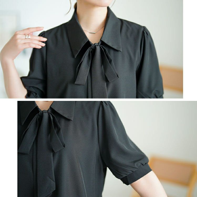 大きいサイズ レディース レギュラーカラーボウタイ半袖ブラウス　goldy-1717【メール便可】