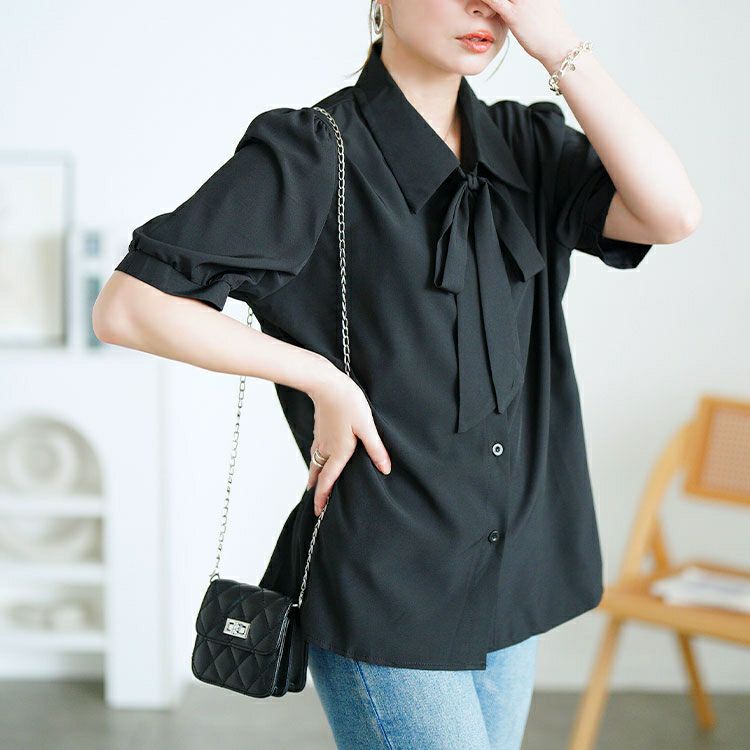 大きいサイズ レディース レギュラーカラーボウタイ半袖ブラウス　goldy-1717【メール便可】