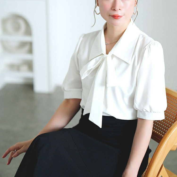 大きいサイズ レディース レギュラーカラーボウタイ半袖ブラウス　goldy-1717【メール便可】