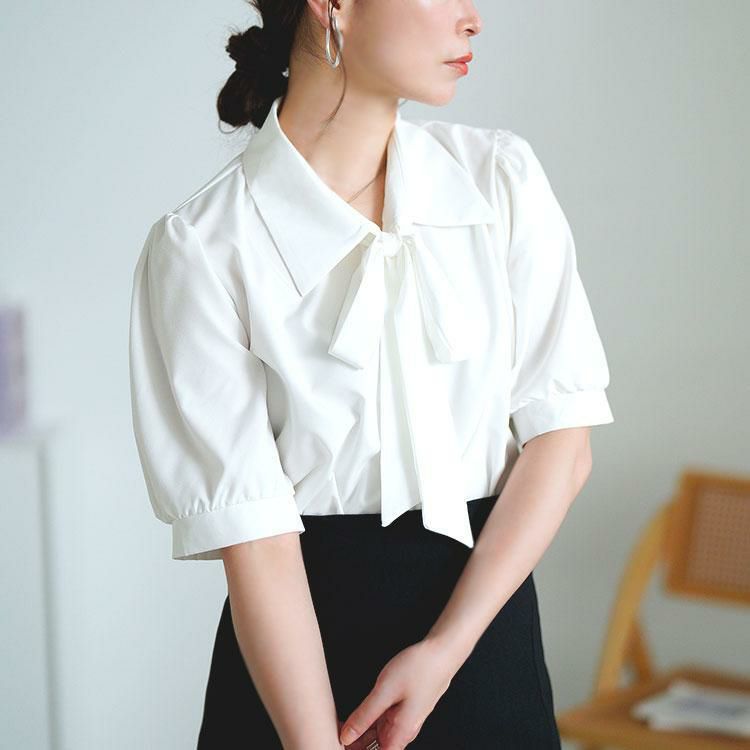 大きいサイズ レディース レギュラーカラーボウタイ半袖ブラウス　goldy-1717【メール便可】 ホワイト