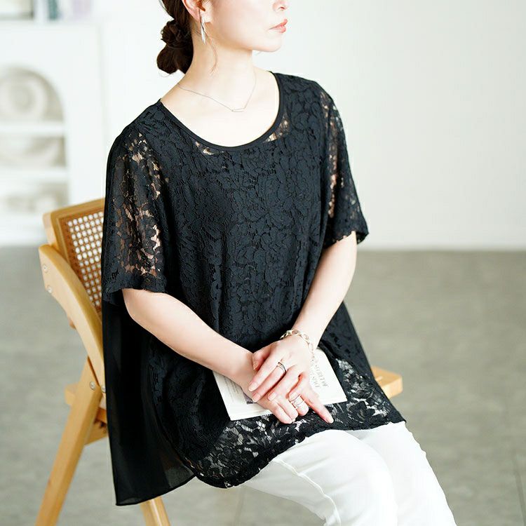 大きいサイズ レディース レース切替えバックスリットシフォンブラウス　goldy-1716【メール便可】