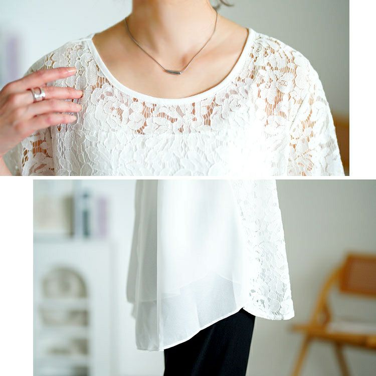 大きいサイズ レディース レース切替えバックスリットシフォンブラウス　goldy-1716【メール便可】