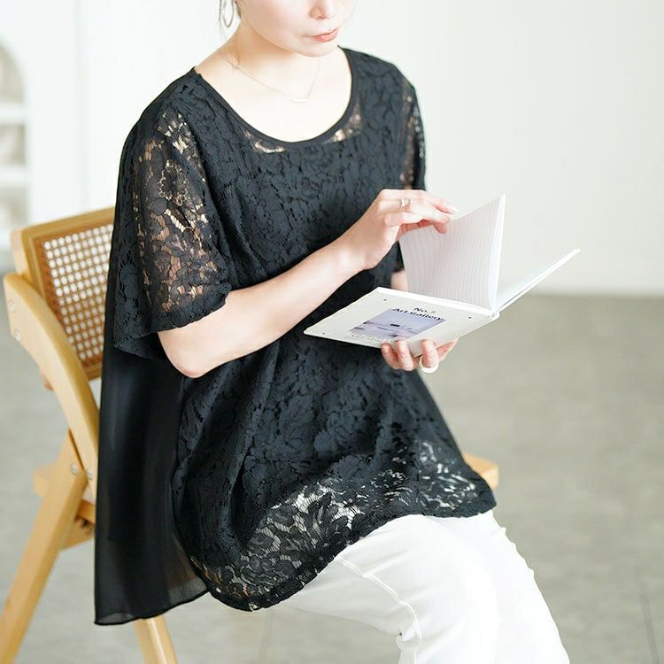 大きいサイズ レディース レース切替えバックスリットシフォンブラウス　goldy-1716【メール便可】