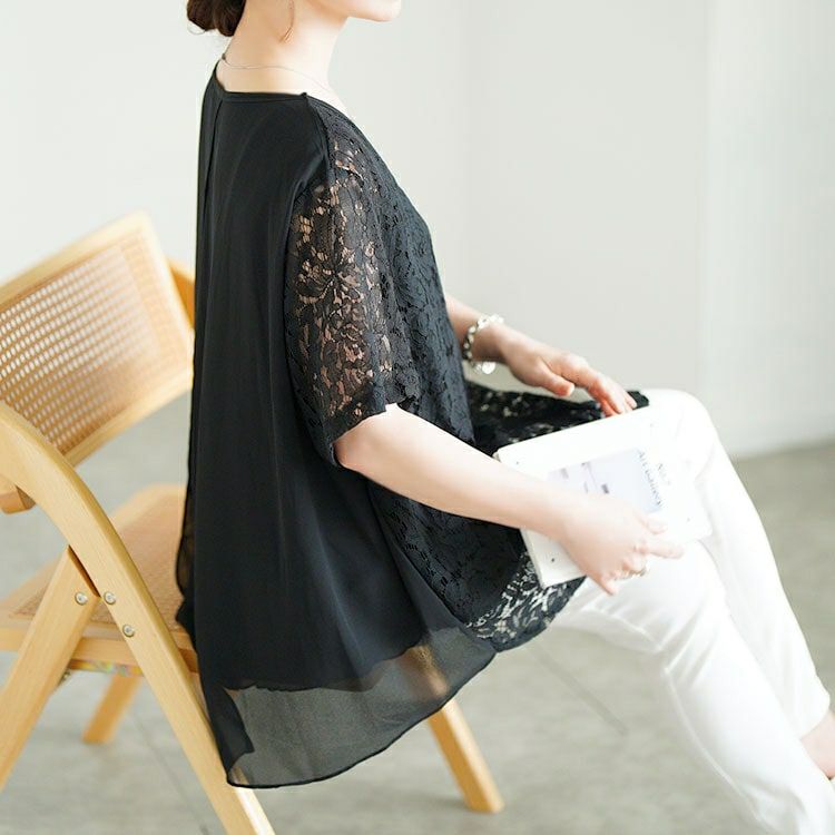 大きいサイズ レディース レース切替えバックスリットシフォンブラウス　goldy-1716【メール便可】