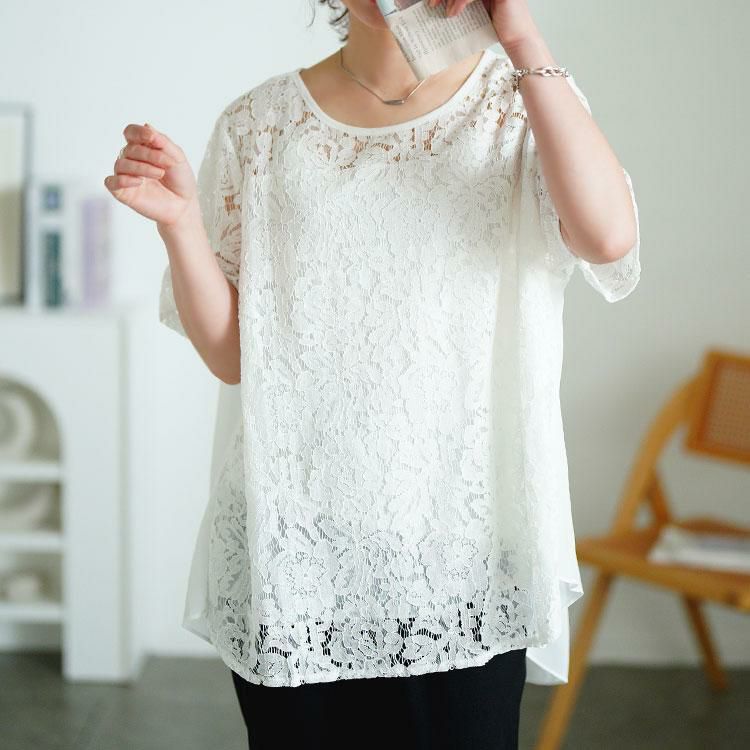 大きいサイズ レディース レース切替えバックスリットシフォンブラウス　goldy-1716【メール便可】 ホワイト