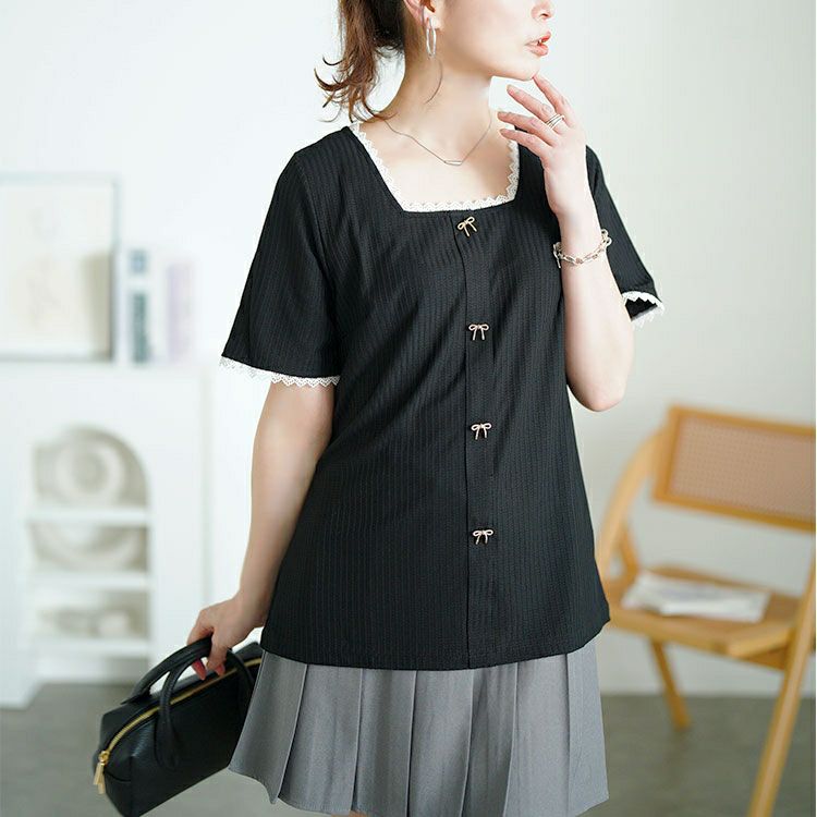 大きいサイズ レディース ビジューリボンレーススクエアネックリブトップス　goldy-1709【メール便可】